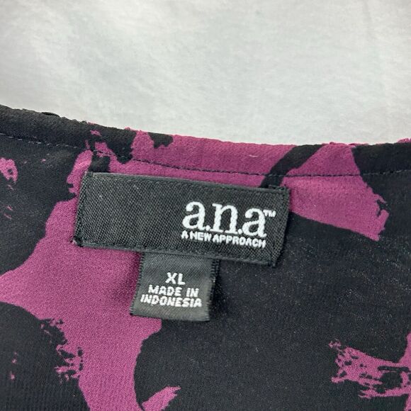 a.n.a. Floral Tunic Top XL Black Purple Blouse Keyhole Shirt Sheer Sleeve - Picture 5 of 10